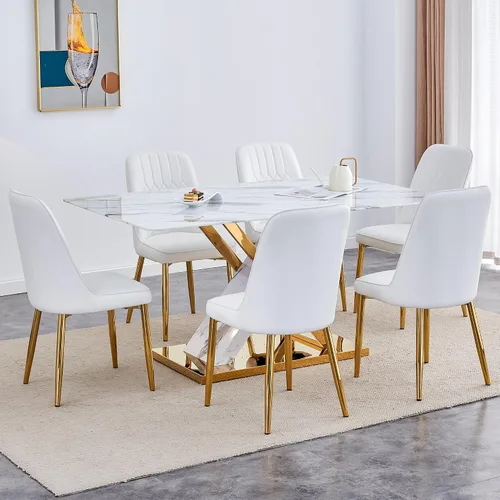 Vista 23 de Juego de mesa de comedor de mármol para mesa rectangular blanca de 6.63 pulgadas con marco de metal plateado en forma de X y 6 sillas de comedor