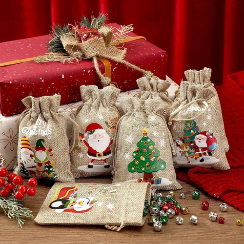 Vista 4 de JUNEBRUSHS Bolsas de arpillera de Navidad con cordón, paquete de 20 bolsas de regalo de Navidad, bolsas de golosinas, lindas bolsas de regalo