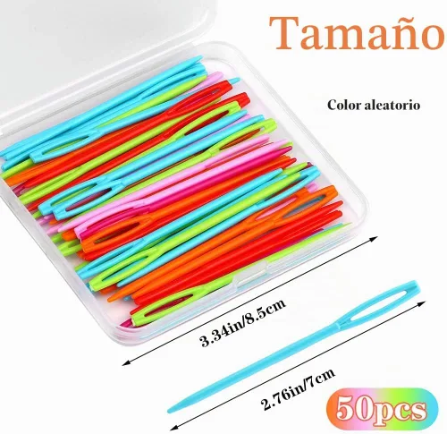 Vista 2 de LUNARM 50 piezas de agujas de coser de plástico, agujas de hilo de plástico de ojo grande con caja, agujas de plástico de 7 cm/2.76 pulgadas