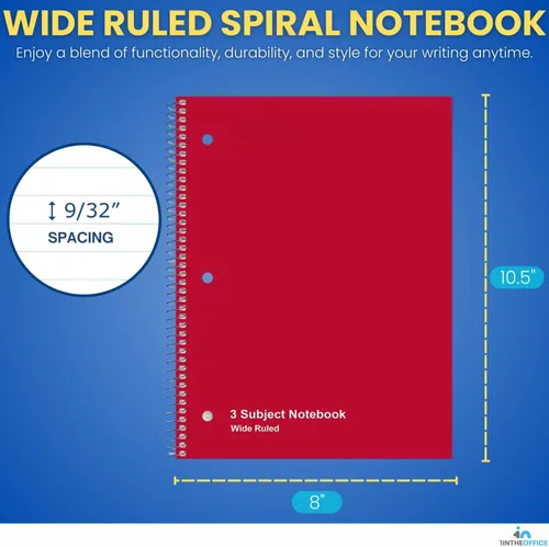 Vista 2 de 1InTheOffice Cuaderno de espiral de 3 materias, cuaderno espiral de rayas anchas, 8 x 10,5 pulgadas. 3 agujeros perforados, 120 hojas