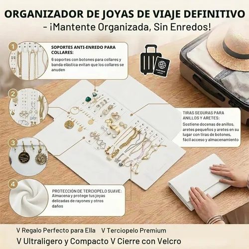 Vista 2 de UnionPlus - Estuche de terciopelo para joyería de viaje, bolsa enrollable para collares, pulseras, gran organizador de joyas para viajes, multi Beige