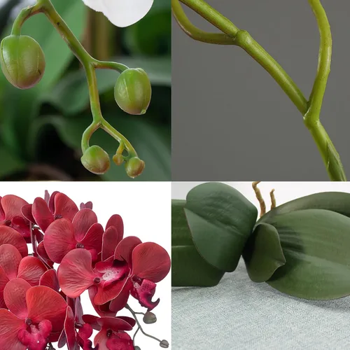 Vista 7 de FagusHome Phalaenopsis - 6 piezas de flores artificiales de orquídea con 4 paquetes de hojas, plantas con tallo para decoración del hogar (rojo)