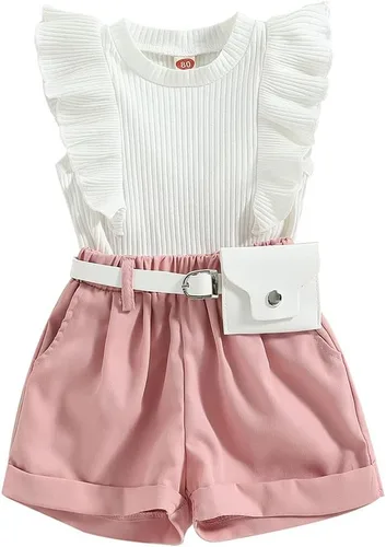 Vista 70 de TheFound Trajes de verano para niñas pequeñas, sin mangas, de punto acanalado, halter, pantalones cortos, ropa para recién nacidos, conjunto de 3