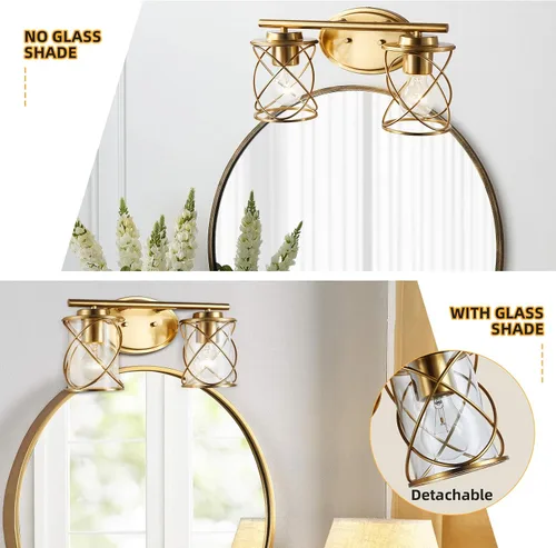 Vista 2 de mavcadonf Luces de Tocador de Baño de 2 Luces, Lámparas de Baño sobre el Espejo, Luz de Tocador Dorado Cepillado, Luces de Pared de Estilo Rústico