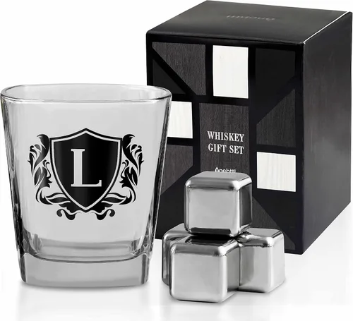 Vista 14 de Regalos de whisky para hombres, vaso de whisky con inicial personalizada con piedras de whisky para papá, novio, mejores amigos, compañeros