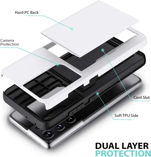 Vista 3 de Zuslab Funda tipo cartera compatible con Samsung Galaxy S21 Ultra 5G, con tarjetero y a prueba de golpes, antiarañazos, compatible con Samsung Blanco