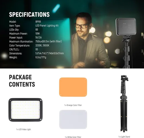 Vista 8 de NEEWER Basics Kit de iluminación de panel de luz de video LED, luces de estudio portátiles regulables bicolor con soporte de trípode y filtros