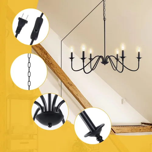 Vista 6 de HOXIYA Lámpara de araña regulable de 34.6 pulgadas con cable, 6 luces modernas de granja para comedor, lámpara colgante de techo rústica retro