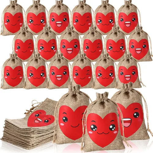 Vista 6 de Crtiin 24 bolsas de regalo de arpillera para el día de San Valentín, bolsas de regalo de lino con cordón de corazón, bolsa de dulces para regalos