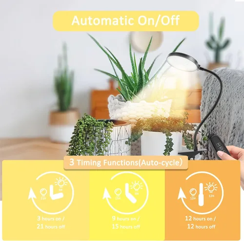 Vista 5 de Luces de cultivo para plantas de interior, luces LED de espectro completo de 15 W con temporizador de encendido/apagado automático de 3/9/12 horas