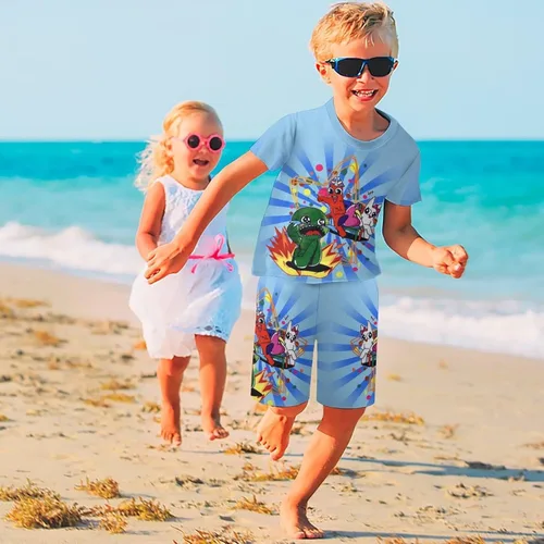 Vista 5 de ULMANI Camisa de manga corta con estampado 3D para niños, camiseta de anime, pantalones cortos, traje de 2 piezas para niño y niña