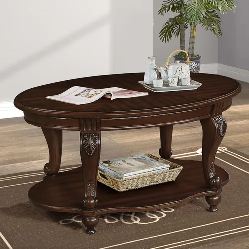 Vista 7 de Mesa de café ovalada de madera para sala de estar, mesa de café de dos niveles de madera maciza con estante de almacenamiento abierto, mesa