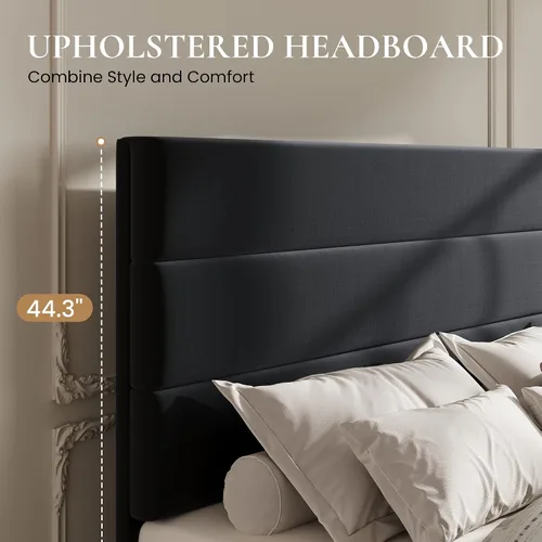 Vista 4 de SHA CERLIN Base de cama de plataforma de tamaño matrimonial con 4 cajones de almacenamiento, cabecera tapizada de terciopelo, base de colchón