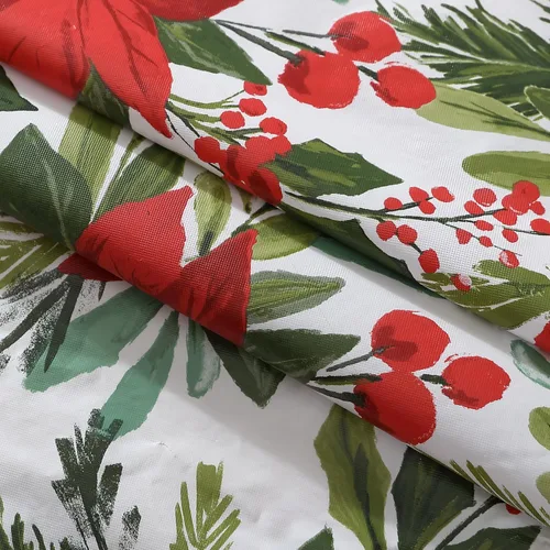 Vista 4 de Newbridge Poinsettia Flourish - Mantel de vinilo navideño de Pascua con respaldo de franela, cubierta de mesa festiva contemporánea de Pascua roja