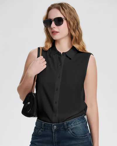 Vista 2 de YAMANMAN Camisas sin mangas con botones para mujer, blusa clásica con cuello en V