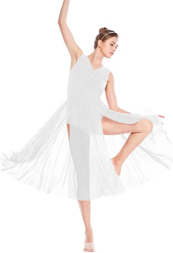 Vista 3 de PAOTIT Vestido de baile lírico de tul sin espalda, vestido de ballet moderno, falda larga de encaje dividida