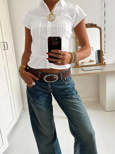 Vista 8 de Cicy Bell Camisas de manga corta con botones para mujer, plisadas, ajustadas, blusas casuales de verano, Blanco