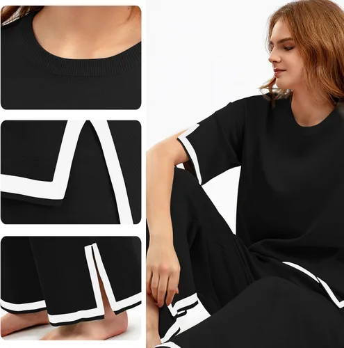 Vista 5 de Hqzoomee Conjunto de 2 piezas de suéter de punto para mujer, suéter de punto de manga corta, pantalones de pierna ancha