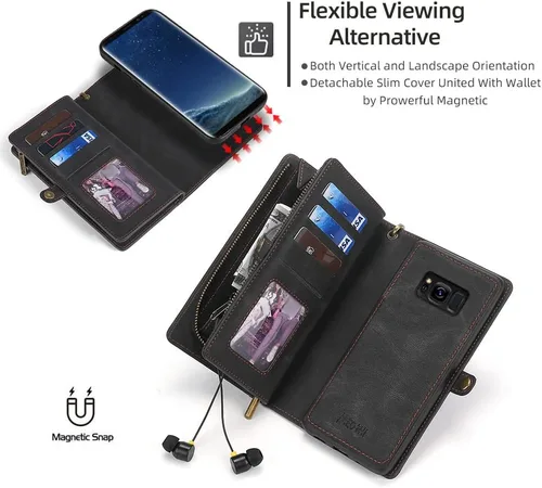 Vista 4 de Asuwish Funda de teléfono para Samsung Galaxy S8 con cremallera, funda desmontable con protector de pantalla de vidrio templado y soporte de cuero