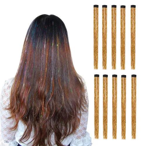 Vista 10 de 10 unids/set de extensiones de pelo de oropel con clip, multicolores con purpurina, mechones de pelo de hadas para mujeres bronce