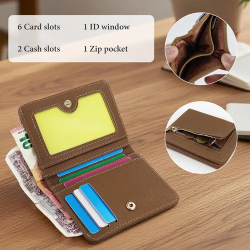 Vista 5 de WishLotus Cartera pequeña para mujer, cartera de cuero para tarjetas de crédito con bolsillo para monedas, billetera compacta plegable con ventana