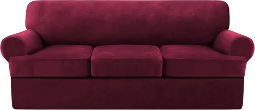 Vista 32 de NA Funda de terciopelo para sofá con cojín en T, 4 piezas, fundas de sofá suaves para sofá, fundas protectoras de muebles con 3 asientos Marfil