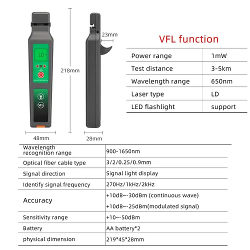Vista 7 de Identificador de fibra óptica VFL LED Luz OFI de fibra viva Cable óptico Identificador Detector Probador 900-1650nm SM y MM OFI Herramientas