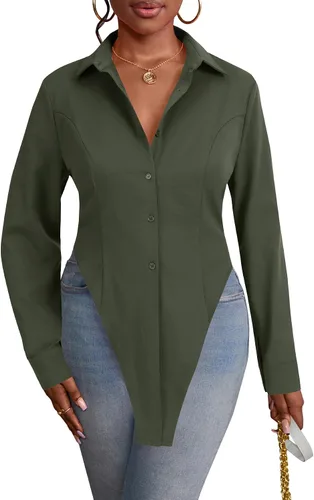Vista 4 de OPOIPIN Blusa de manga larga con cuello en V para mujer, con botones, dobladillo con abertura