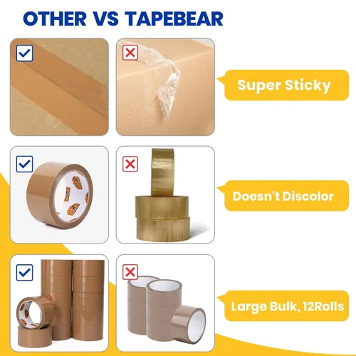 Vista 3 de TAPEBEAR Cinta de embalaje marrón, 12 rollos, repuestos de cinta de embalaje resistente de 1.88 pulgadas x 55 yardas para cajas, cinta marrón