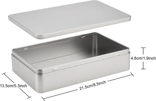 Vista 2 de Hotop 1 paquete de cajas de lata vacías rectangulares plateadas de 8.5 por 5.3 por 1.9 pulgadas, regalo, joyería y kit de lata de almacenamiento