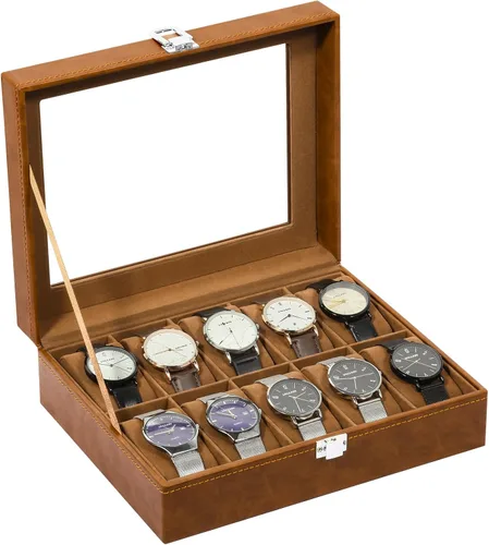 Vista 22 de Uten 12-Slot Watch Box, 2-Layers PU Leather Watch Case with Lock Negro