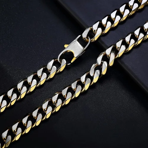 Vista 9 de YAMI Cadena de eslabones cubanos para hombre, azul/negro/oro de 14 quilates, acero inoxidable de 0.394-0.472 in de grosor, collar de cadena
