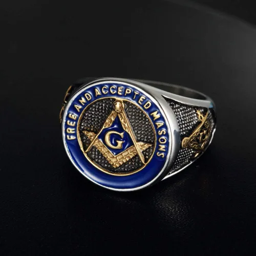 Vista 5 de IFUAQZ Anillo masónico de acero inoxidable para hombre con símbolo de masones de oro azul libre y aceptado, Metal, Sin piedras preciosas