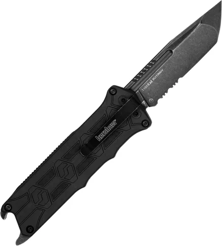 Vista 2 de Cuchillo de bolsillo Kershaw Interstellar, hoja Tanto OTF manual negra con serraduras, acabado Blackwash con mango GFN, abrebotellas y clip