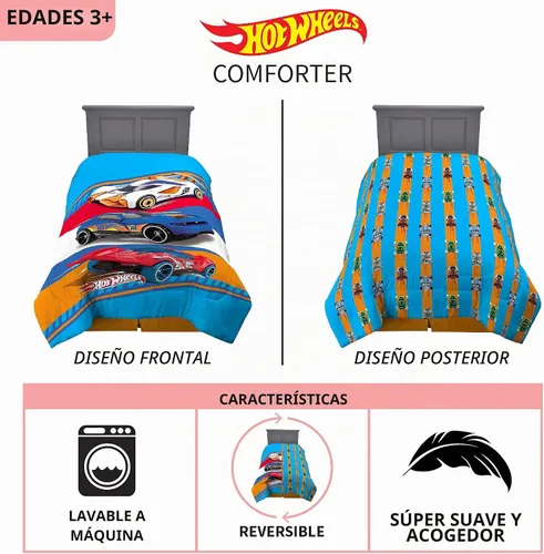 Vista 3 de Franco Ropa de cama para niños, edredón reversible de microfibra súper suave, tamaño individual/matrimonial, Hot Wheels (paquete de 4)