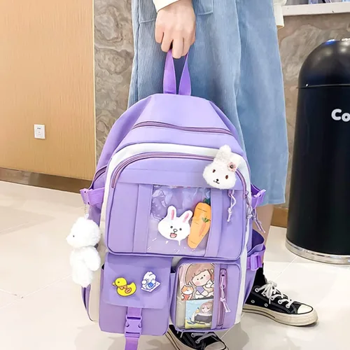 Vista 5 de TEMI 5 piezas de suministros para el regreso a clases mochila kawaii para mochila escolar bonita mochila para niña lindo bolso de mano accesorios