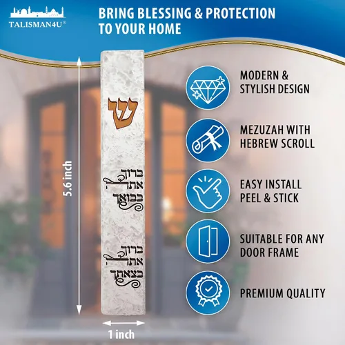 Vista 3 de TALISMAN4U MEZUZAH - Funda moderna de mármol con pergamino para puerta, hebrea, torá, bendición, dorado, autoadhesiva, impermeable, protección