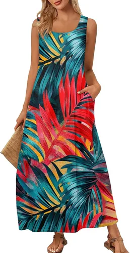 Vista 37 de Vestidos de iglesia para mujer 2025, casual, holgado, sin mangas, largo, fluido, vestido de verano con bolsillos