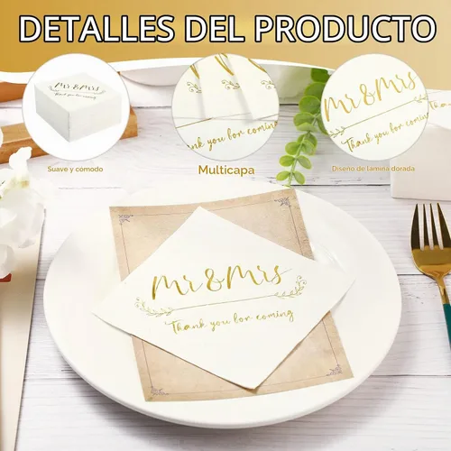Vista 4 de Teling 200 servilletas de cóctel de boda, servilletas de papel de aluminio dorado, elegantes 3 Ply Mr and Mrs Desert Napkins, for Wedding