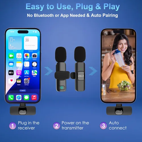 Vista 3 de Vislla Micrófono Lavalier inalámbrico para iPhone serie 15/16/17, iPad y dispositivos Android, cancelación de ruido, mini micrófono de solapa