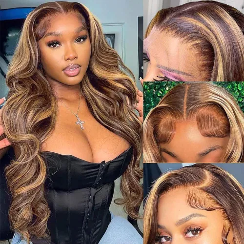 Vista 14 de Pizazz Honey Blonde Lace Front Wigs Human Hair Pre Plucked Natural Hairline 13x4 Glueless Wigs Human Hair 180 Density 4/27 Highlight Body Wave