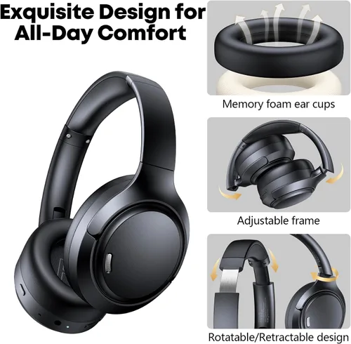 Vista 6 de Auriculares híbridos con cancelación activa de ruido, 120 horas de reproducción 6 ENC, micrófono de llamada transparente, auriculares inalámbricos