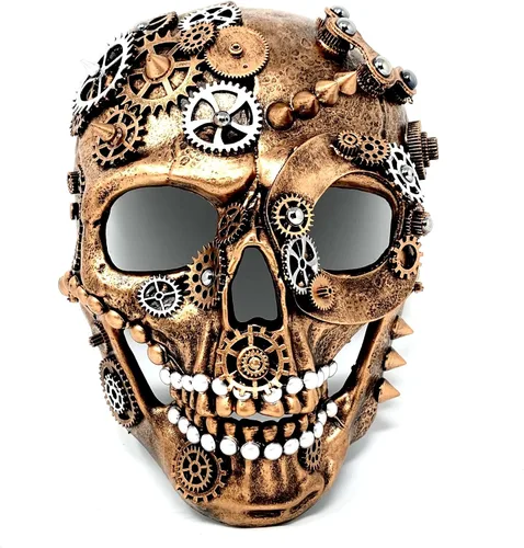 Vista 18 de Máscara de esqueleto de terror metálico estilo steampunk para disfraz de Halloween, fiesta de cosplay
