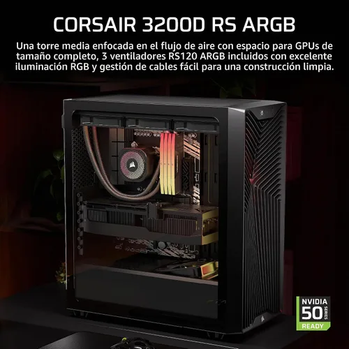 Vista 2 de CORSAIR Funda de PC de torre media 3200D RS ARGB - 3 ventiladores RS120 ARGB PWM incluidos, brazo de estabilización antihundimiento de GPU, ASUS