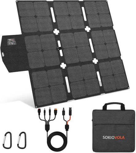 Vista 10 de SOKIOVOLA [Actualizado] Paneles solares plegables 50W Cargador de panel solar portátil 3 puertos de salida (USB-A USB-C DC) Panel solar plegable