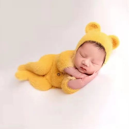Vista 2 de Vemonllas Accesorios de fotografía para recién nacidos, trajes para niños y niñas, gorro de oso mohair y mameluco con pies, conjunto de disfraz