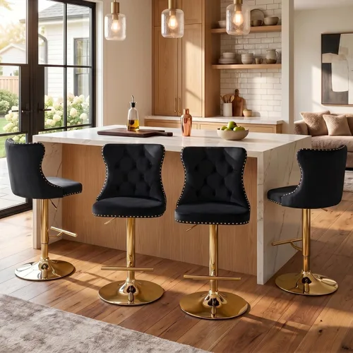 Vista 167 de SoarFlash Juego de 2 taburetes de bar tapizados de terciopelo moderno con patas de madera, botones acolchados, cabeza de clavo cromada, asiento