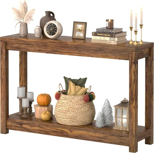 Vista 15 de Besiost Mesa auxiliar de granja, mesa auxiliar estrecha, mesa auxiliar delgada con estante de almacenamiento, mesa consola pequeña para espacios