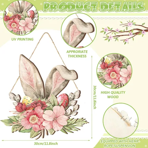 Vista 3 de Juexica Coronas de Pascua para puerta delantera, letrero de madera de bienvenida, colgador de puerta, decoración de primavera, placa colgante