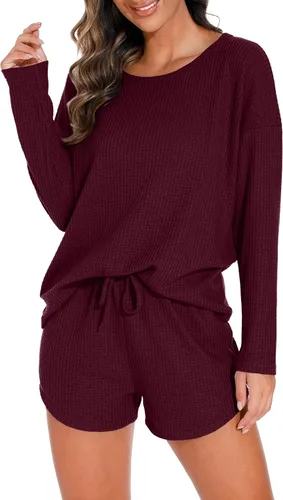 Vista 4 de PrinStory Conjunto de pijama para mujer, conjunto de 2 piezas de punto gofre, conjunto de ropa de descanso con bolsillos
